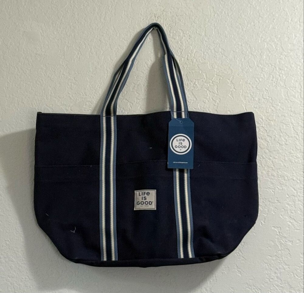 Life Is Good Button Top Tote Bag Navy Blue Canvas